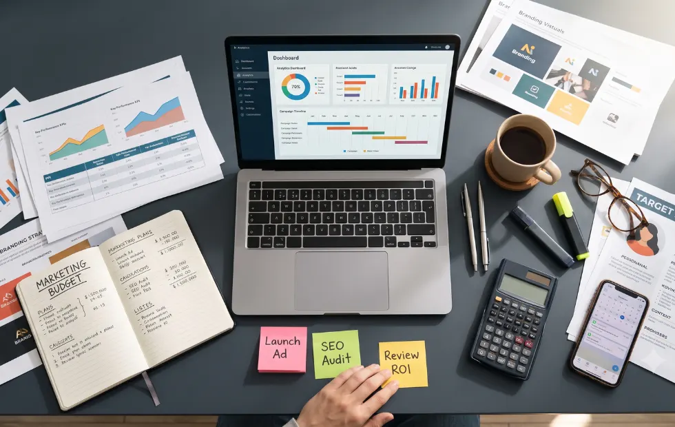 Flat lay of a digital marketing planning workspace with a laptop displaying analytics charts, a budget notebook, calculator, and strategy sheets on a wooden desk