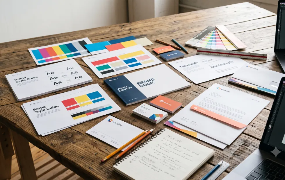 Printed brand identity materials and visual guidelines on a rustic wooden desk, featuring Brand Style Guides, color palettes, typography sheets, business cards, letterheads, and notebooks alongside digital screens displaying creative assets