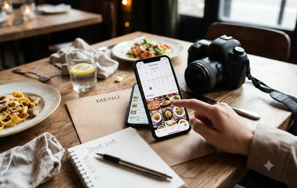 A close-up, top-down photograph of a hand interacting with a smartphone displaying a social media scheduling calendar and grid filled with dish thumbnails, resting on a textured wooden restaurant table next to a camera, paper menu, and a notebook titled "Shoot List." A partial plate of pasta and a glass of water with lemon sit nearby under natural window lighting, emphasizing careful social media planning and preparation