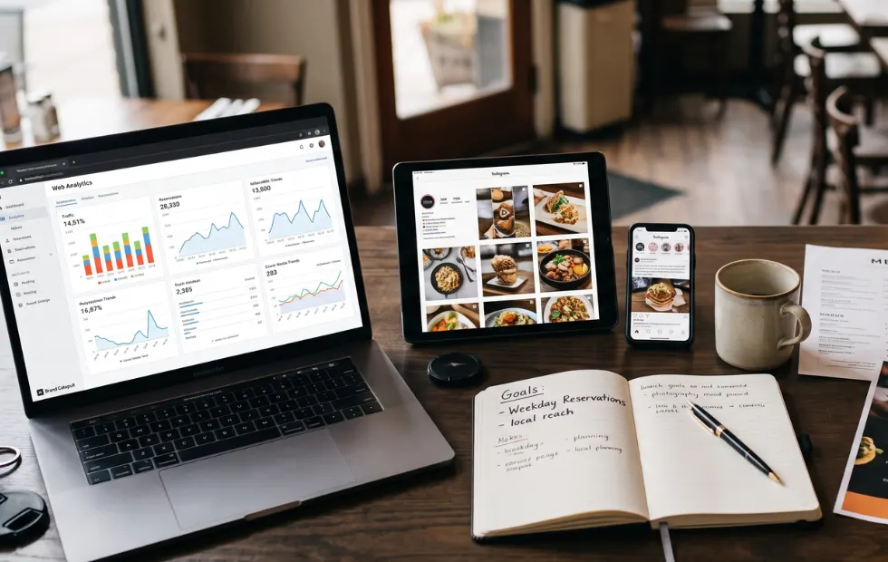 Workspace with laptop displaying marketing analytics, tablet showing digital content, printed restaurant menus, and strategic planning notebooks.