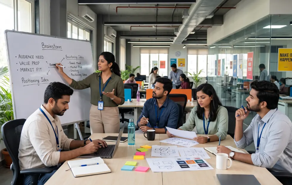 A diverse team of Indian startup professionals collaborating around a whiteboard and a table in a modern office, brainstorming market validation and brand positioning ideas.